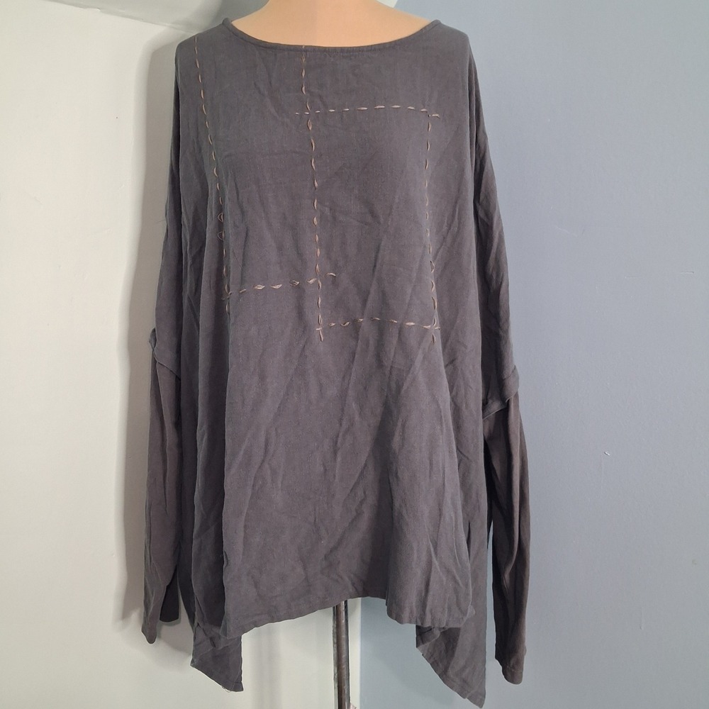 BUYKUD Charcoal Grey Oversized Long Sleeve Top Boho Stitched Boxy Shirt One Size